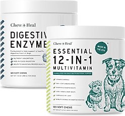 Chew + Heal Essential 12-in-1 Multifunctional Support Chews Dog Supplement & Chew + Heal Digestive Enzymes Chews Dog Supplement, 240 count
