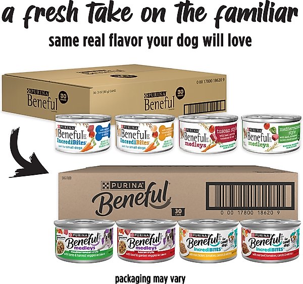 Show full view: Purina Beneful Incredibites & Medleys Variety Pack Wet Dog Food, 3-oz, case of 30 slide 3 of 12