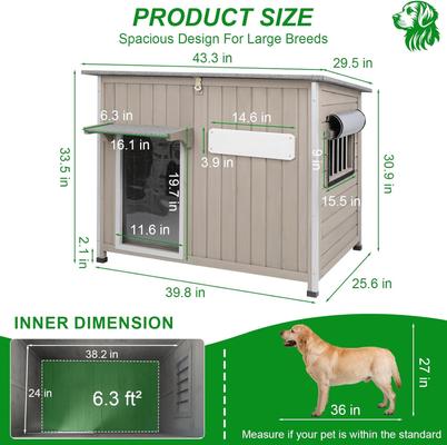 Show full view: Petscosset Weatherproof Wooden Outdoor Dog House with Asphalt Roof, Grey, 43.3 x 29.5 x 33.5-in slide 2 of 8