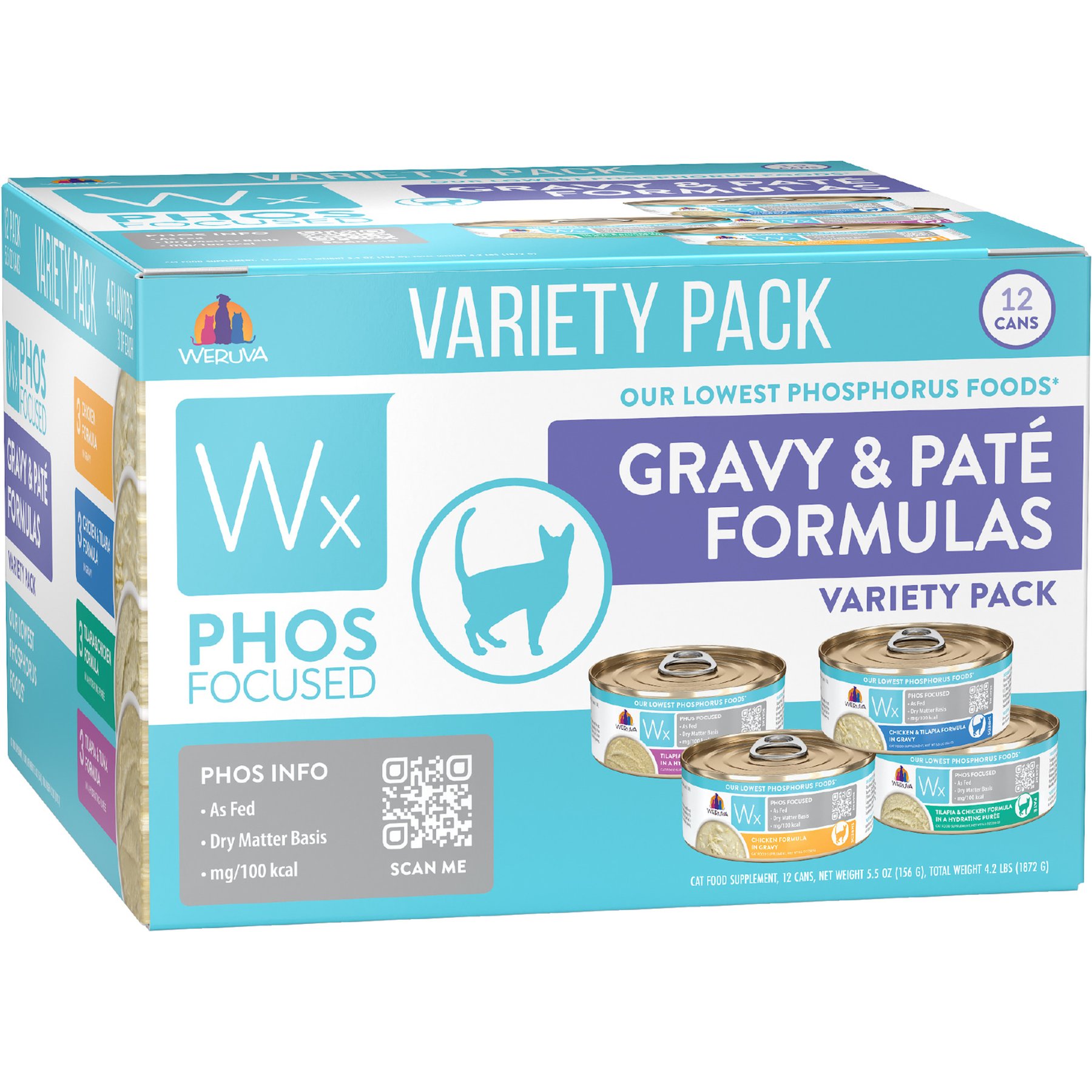 Weruva Wx Phos Focused Pate & Gravy Variety Pack Grain-Free Wet Cat Food, 5.5-oz can, 12 count