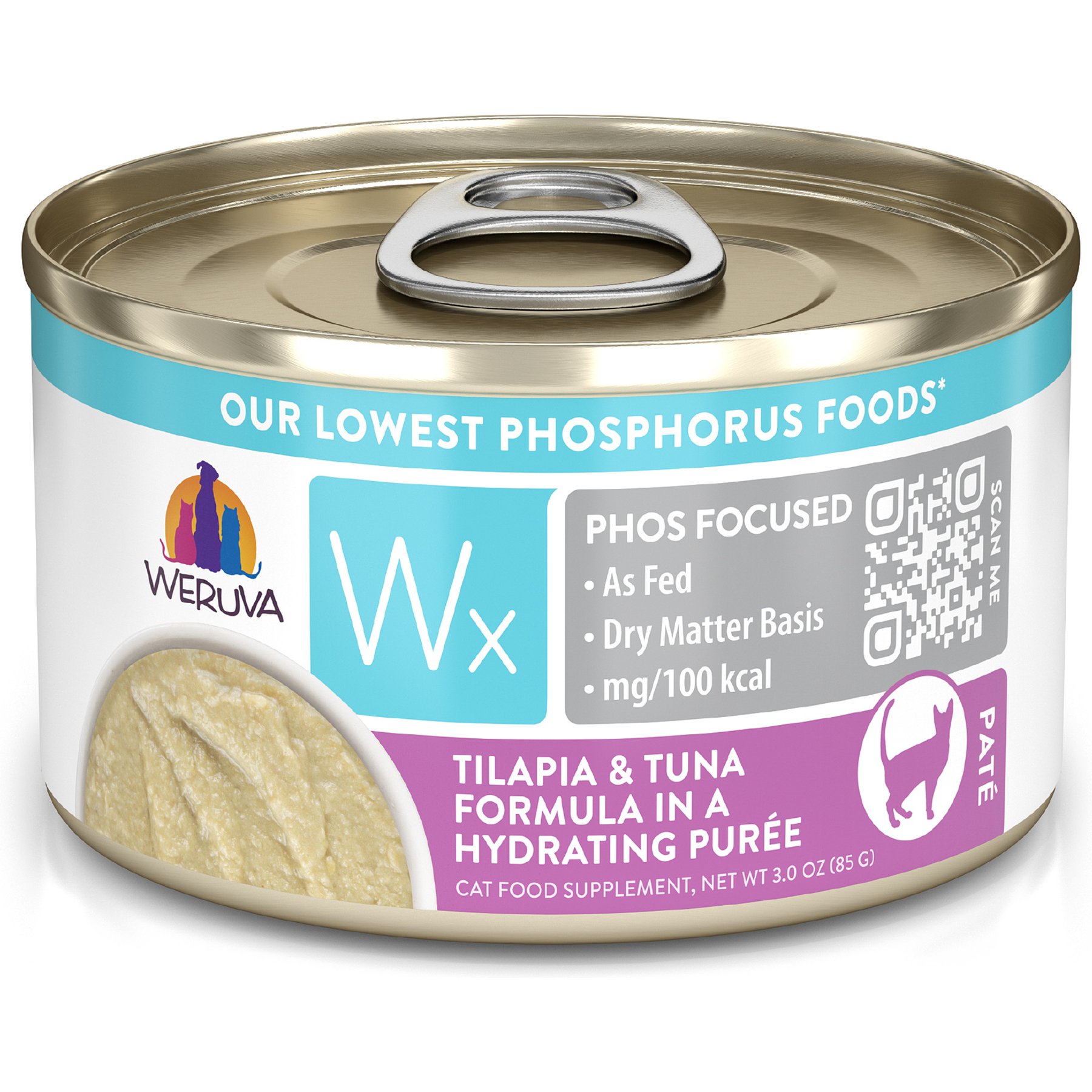 Weruva Wx Phos Focused Tilapia & Tuna Formula Grain-Free Puree Wet Cat Food, 3-oz can, case of 12