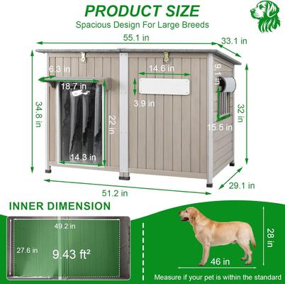 Show full view: Petscosset Weatherproof Wooden Outdoor Dog House with Asphalt Roof, Grey, 55.1 x 33.1 x 34.8-in slide 2 of 9