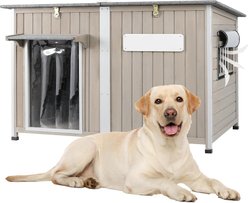 Petscosset Weatherproof Wooden Outdoor Dog House with Asphalt Roof, Grey, 55.1 x 33.1 x 34.8-in