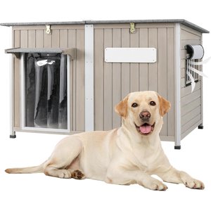 Petscosset Weatherproof Wooden Outdoor Dog House with Asphalt Roof, Grey, 55.1 x 33.1 x 34.8-in
