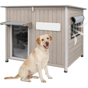 Petscosset Weatherproof Wooden Outdoor Dog House with Asphalt Roof, Grey, 43.3 x 29.5 x 33.5-in