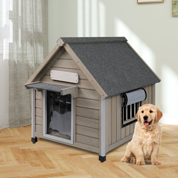 PETSCOSSET Wooden Indoor Outdoor Dog House with Window, Grey, 26