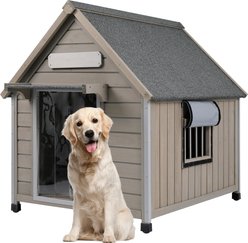 Petscosset Wooden Indoor & Outdoor Dog House with Window, Grey, 30.5 x 37.4 x 39.3-in