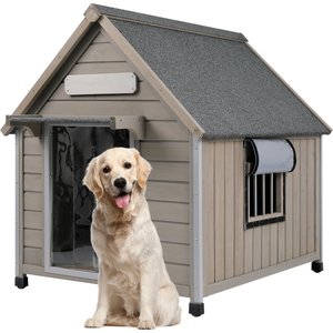 Petscosset Wooden Indoor & Outdoor Dog House with Window, Grey, 30.5 x 37.4 x 39.3-in