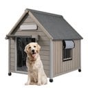 Petscosset Wooden Indoor & Outdoor Dog House with Window, Grey, 30.5 x 37.4 x 39.3-in