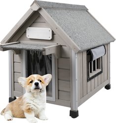 Petscosset Wooden Indoor & Outdoor Dog House with Window, Grey, 18.1 x 25.2 x 24-in
