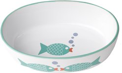 PetRageous Designs Bubble Fish Oval-Shaped Ceramic Cat Bowl, White/Turquoise Shimmer, 2-cup