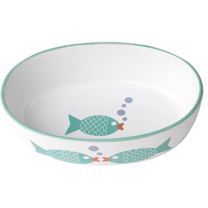 PetRageous Designs Bubble Fish Oval-Shaped Ceramic Cat Bowl, White/Turquoise Shimmer, 2-cup