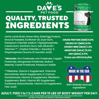 Show full view: Dave's Pet Food Restricted Bland Diet Sensitive Stomach Digestive Care Lamb & Rice Canned Wet Dog Food, 13.2-oz, case of 12 slide 7 of 13