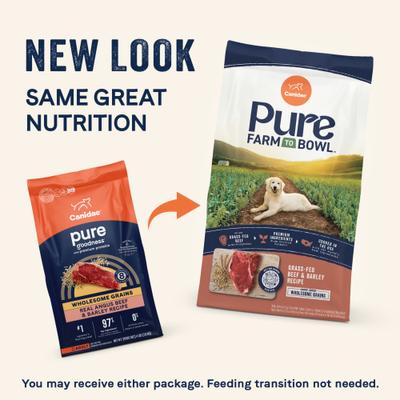 Show full view: CANIDAE Pure Farm To Bowl Grass-Fed Beef & Barley Recipe Dry Dog Food, 22-lb bag slide 3 of 11