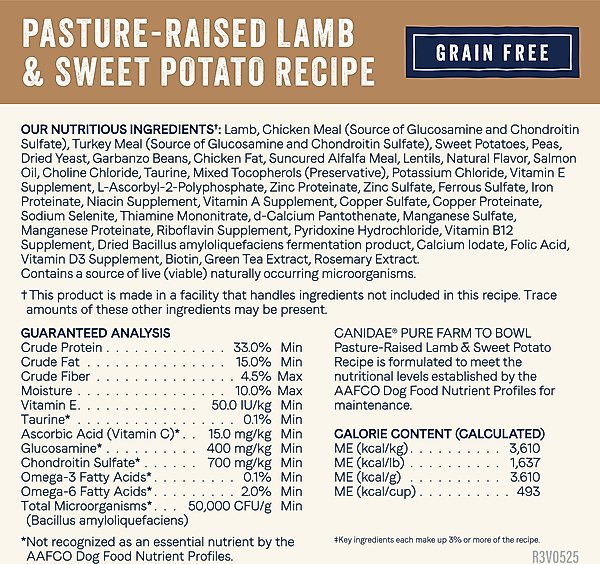 Show full view: CANIDAE Pure Farm To Bowl Pasture-Raised Lamb & Sweet Potato Recipe Dry Dog Food, 4-lb bag slide 6 of 11