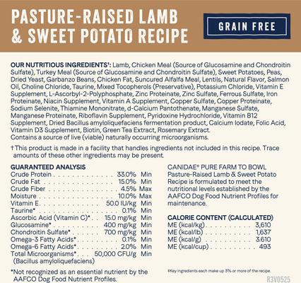 Show full view: CANIDAE Pure Farm To Bowl Pasture-Raised Lamb & Sweet Potato Recipe Dry Dog Food, 4-lb bag slide 5 of 10