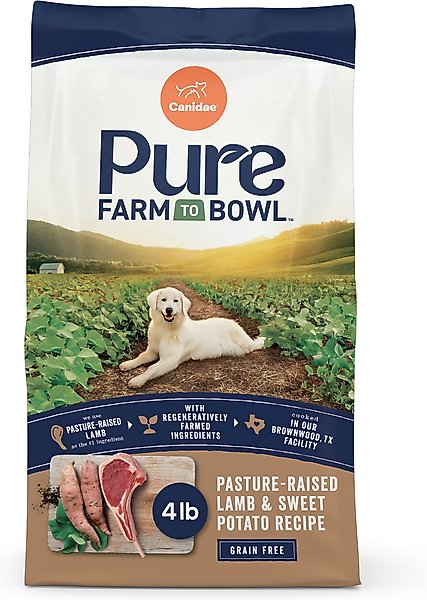Show full view: CANIDAE Pure Farm To Bowl Pasture-Raised Lamb & Sweet Potato Recipe Dry Dog Food, 4-lb bag slide 1 of 11