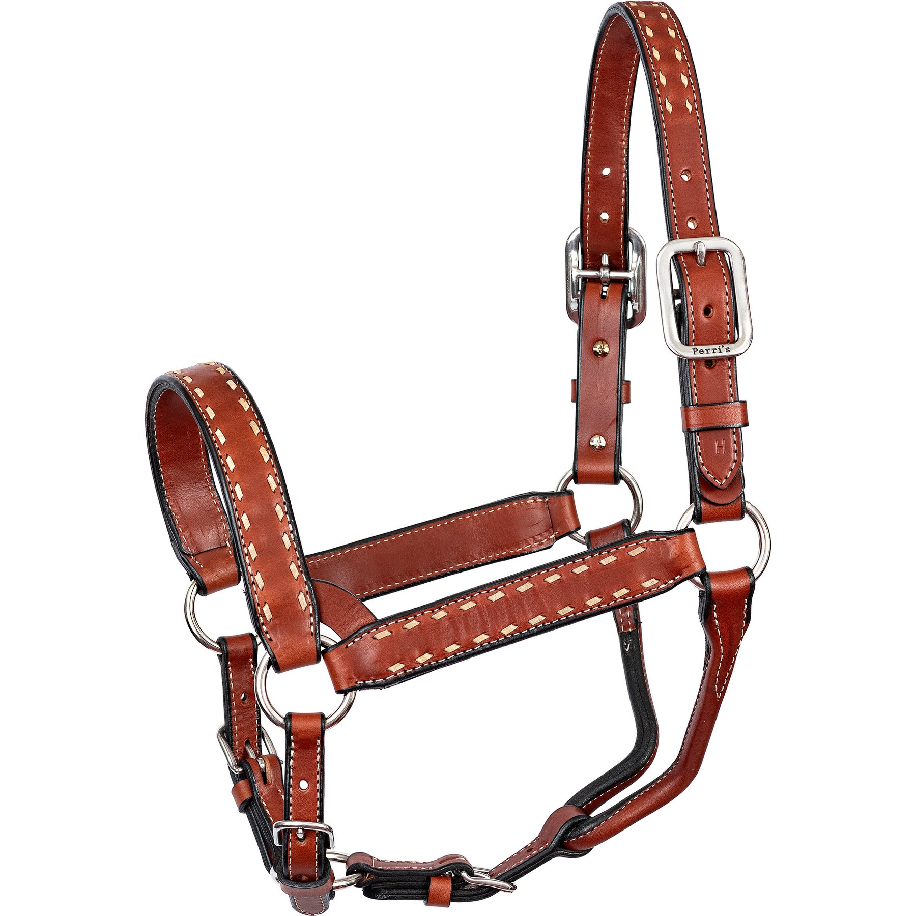 Perri's Leather Buckstitch Leather Horse Halter, Chestnut/White, Cob