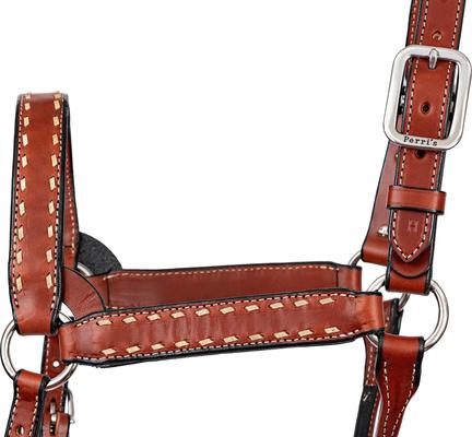 Show full view: Perri's Leather Buckstitch Leather Horse Halter, Chestnut/White, Horse slide 4 of 5