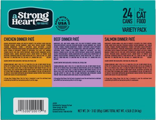 Show full view: A Strong Heart Chicken, Beef & Salmon Variety Pack Wet Cat Food, 3-oz, case of 24 slide 4 of 10