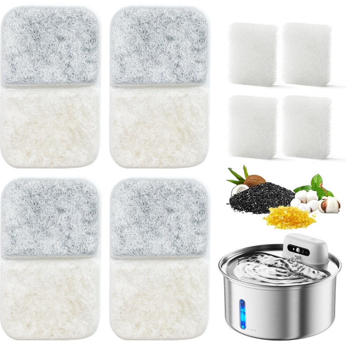 Casfuy W12 Cat Water Fountain Replacement Carbon Filters & Sponges, 4 count