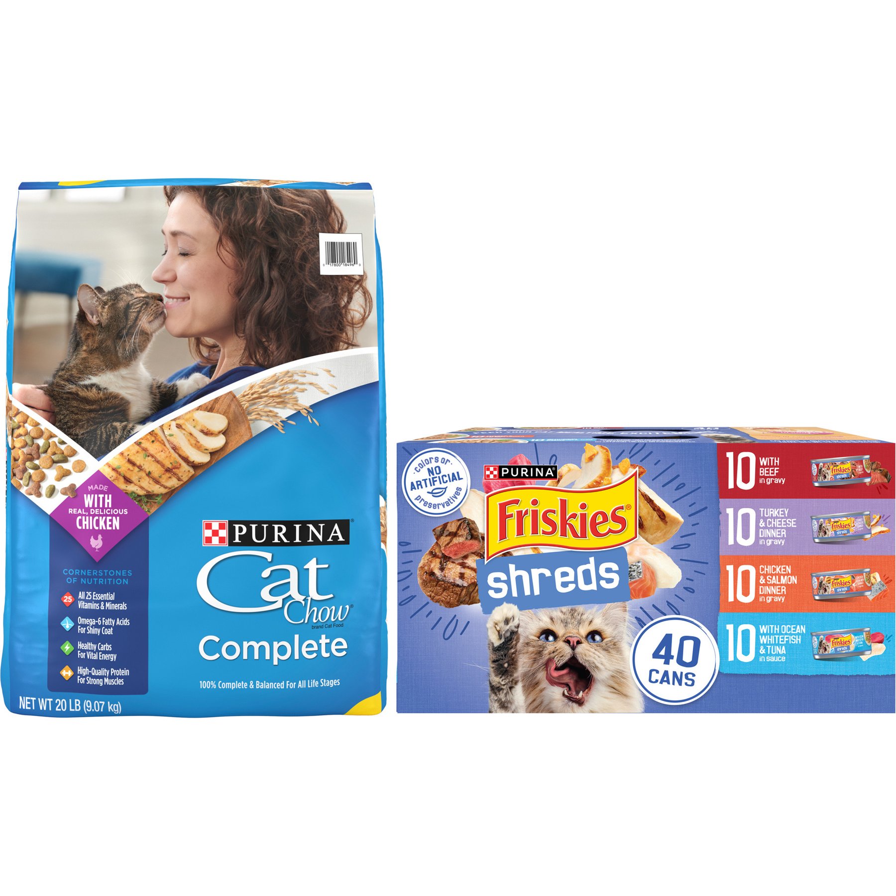 Friskies Shreds in Gravy Variety Pack Canned Food + Cat Chow Complete Dry Cat Food
