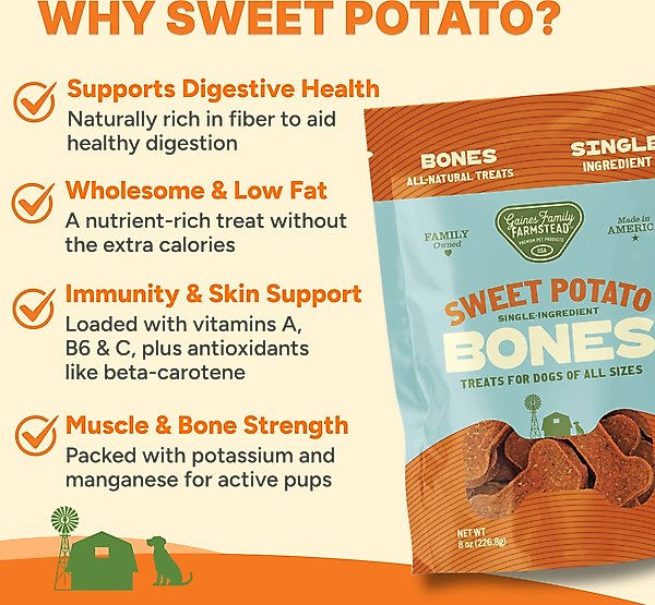 Show full view: Gaines Family Farmstead Sweet Potato Bones Single Ingredient Dog Chews, 32-oz bag slide 6 of 9