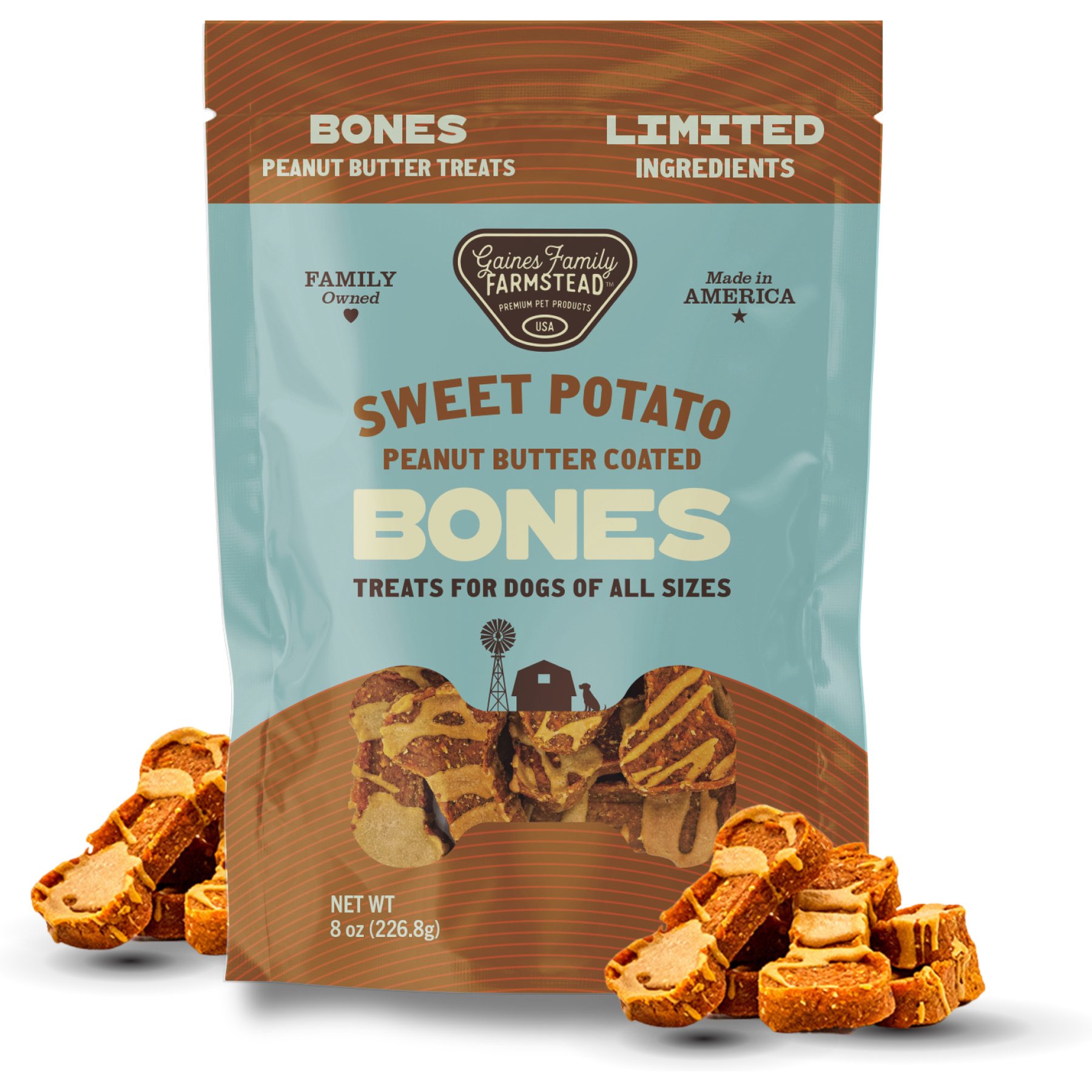 Gaines Family Farmstead Sweet Potato Peanut Butter Topped Dog Bones, 8-oz bag