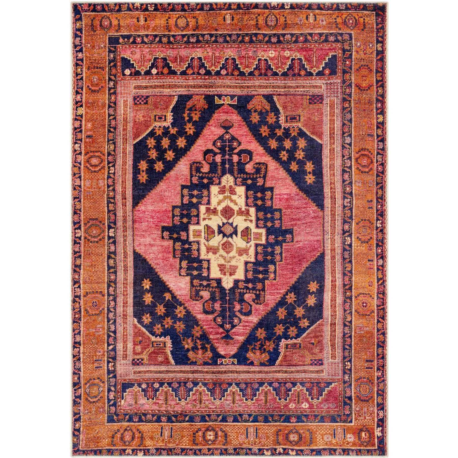 Livabliss Amelie Machine Washable Dog Area Rug, Dark Blue/Rose/Burnt Orange/Wheat, 5.25 x 7.25-ft