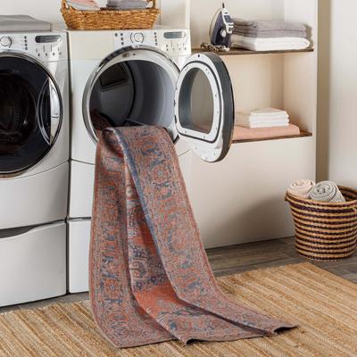 Show full view: Livabliss Colin Machine Washable Dog Area Rug, Burnt Orange/Blue/Pale Blue/Tan, 6.58 x 9-ft slide 5 of 8