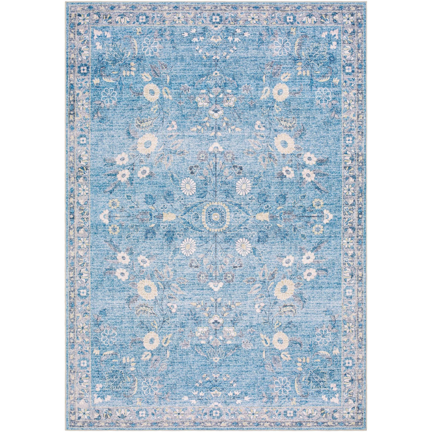 Livabliss Lavable Machine Washable Dog Area Rug, Sky Blue/Ivory/Slate Gray/Buttercream/Soft Gold, 5.25 x 7.58-ft