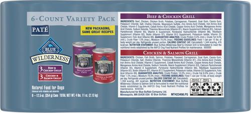 Show full view: Blue Buffalo Wilderness Beef & Salmon Variety Pack Wet Food + Life Protection Formula Large Breed Chicken & Brown Rice Recipe Dry Dog Food slide 3 of 10