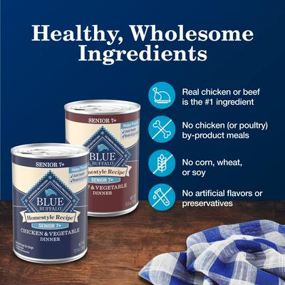 Show full view: Blue Buffalo Homestyle Recipe Variety Pack Senior Natural Ingredients Beef Dinner & Chicken Dinner Canned Wet Dog Food, 12.5-oz can, 6 count slide 7 of 10