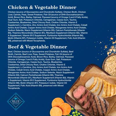 Show full view: Blue Buffalo Homestyle Recipe Variety Pack Senior Natural Ingredients Beef Dinner & Chicken Dinner Canned Wet Dog Food, 12.5-oz can, 6 count slide 6 of 10