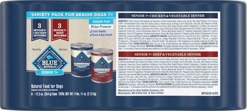 Show full view: Blue Buffalo Homestyle Recipe Variety Pack Senior Natural Ingredients Beef Dinner & Chicken Dinner Canned Wet Dog Food, 12.5-oz can, 6 count slide 3 of 10