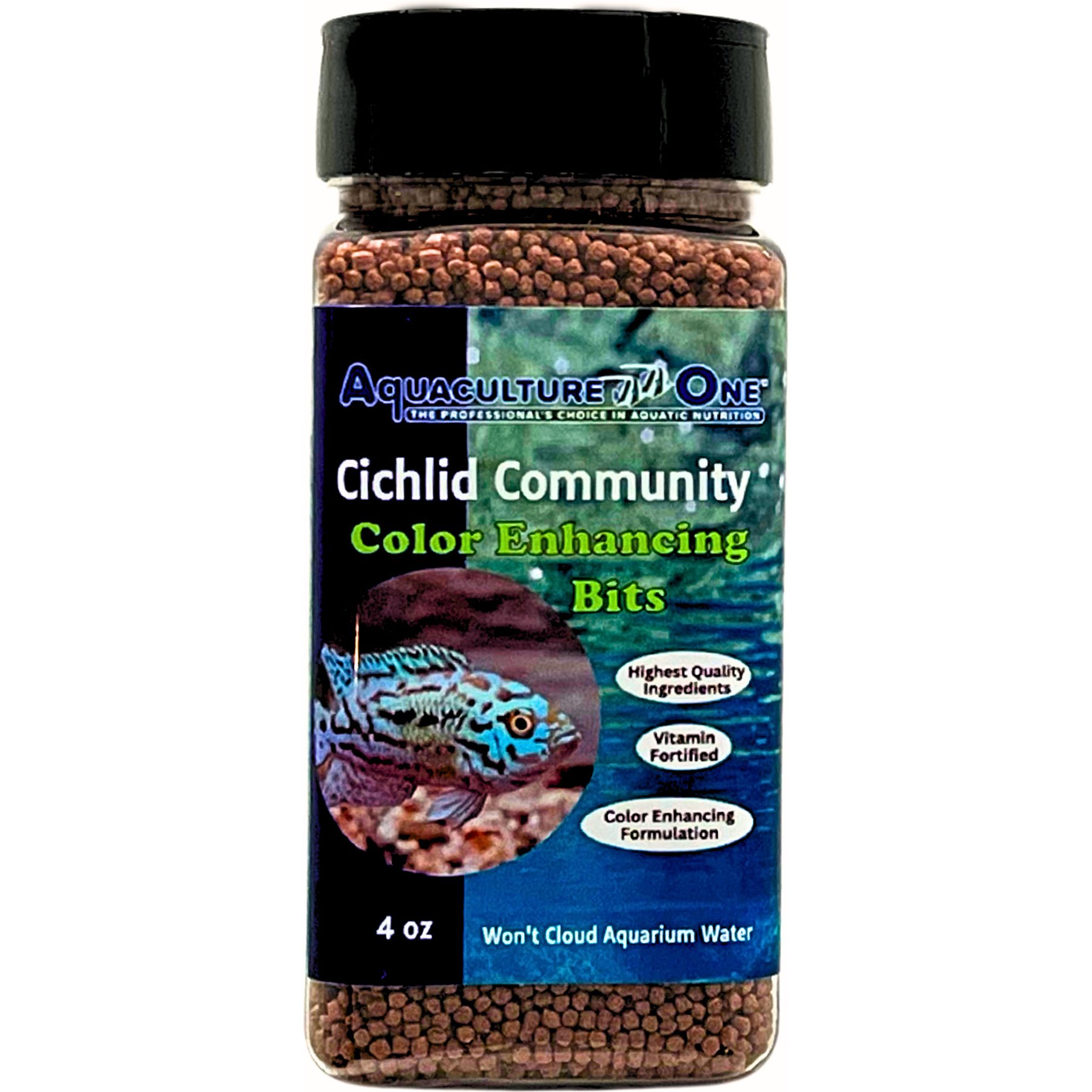 Aquaculture-One Cichlid Community Color Enhanding Bits Fish Food, 4-oz bottle