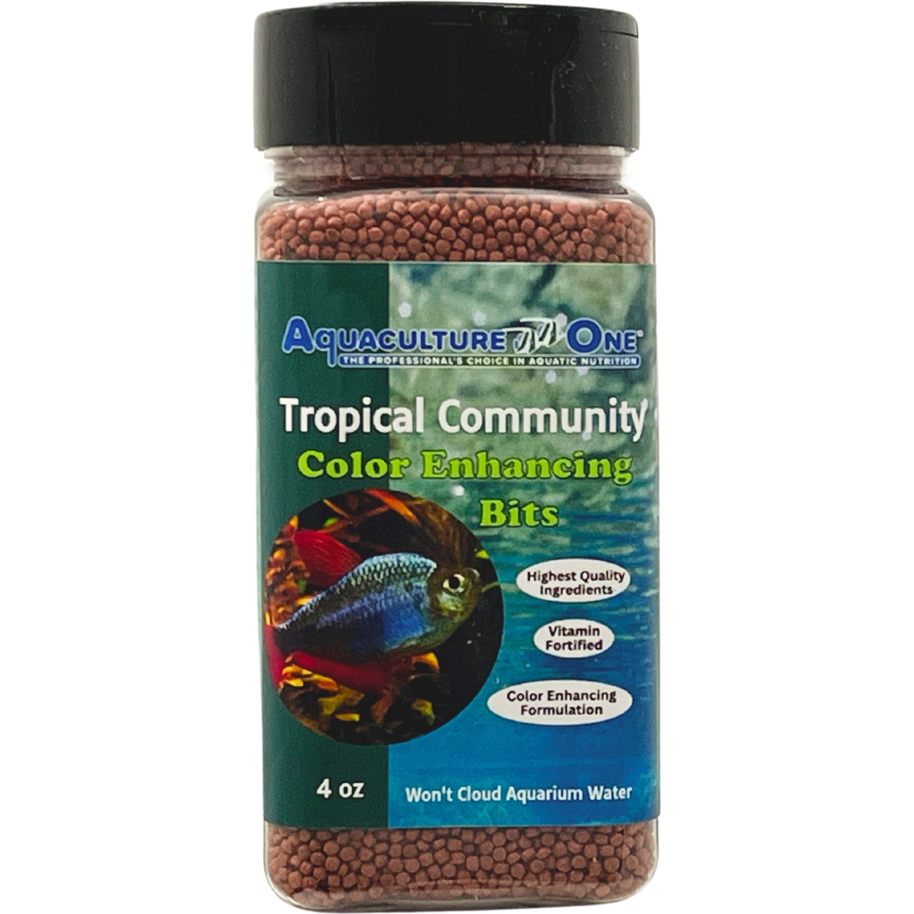 Aquaculture-One Tropical Community Color Enhancing Bits Fish Food, 4-oz bottle