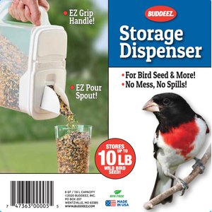 Buddeez Bird Seed Dispenser with Double Pour Spout, 8-qt
