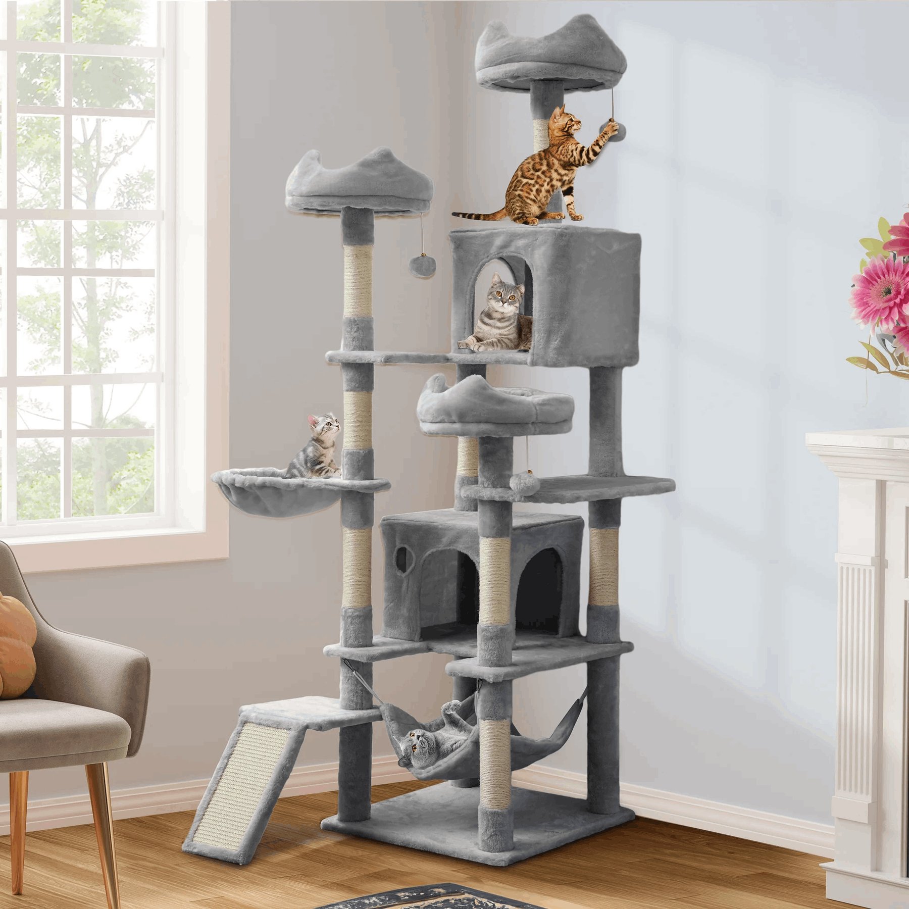 Wooflex Indoor Multi-Level Climbing Tower 75-in Flannel Kitten & Cat Tree & Condo, 19.3 x 19.3 x 74.5-in, Light Grey