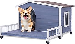 Yafylly Wooden Dog House with Terrace, Grey