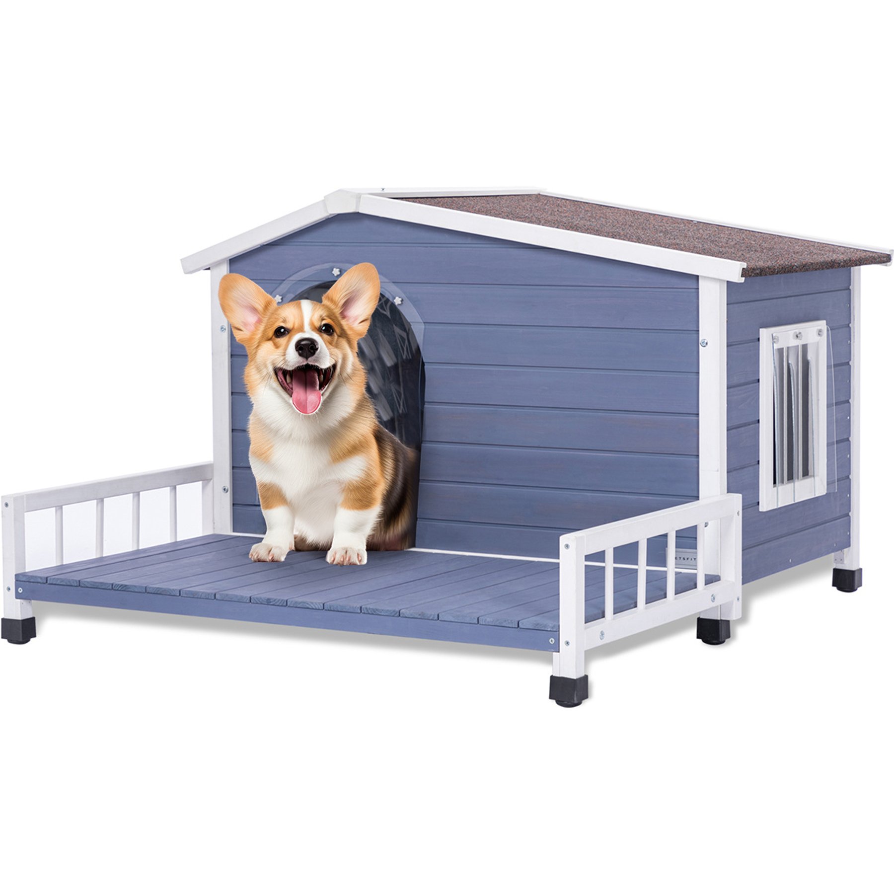 Yafylly Wooden Dog House with Terrace, Grey