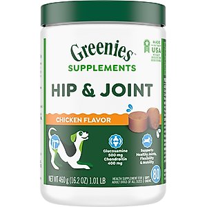 Greenies Hip & Joint Chicken Flavored Soft Chew Glucosamine Joint Supplement for Dogs, 80 count, 16.2-oz tub