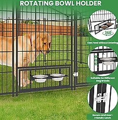 Yafylly Outdoor Roof Cover Animal Hutch Metal Coop Fence Dog Kennels with 2 Feeders & Double Lock, Black, Large slide 2 of 7