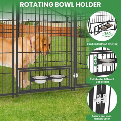 Show full view: Yafylly Outdoor Roof Cover Animal Hutch Metal Coop Fence Dog Kennels with 2 Feeders & Double Lock, Black, Large slide 7 of 8