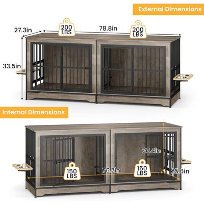 Show full view: Yafylly Indoor Furniture Style Double Door Dog Crate with Rotatable Feeding Bowl, Large: 78.7 inch, Grey slide 3 of 8