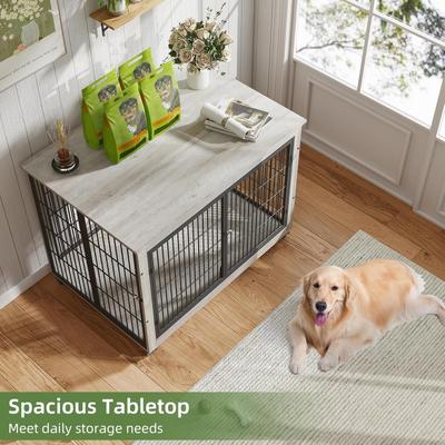 Show full view: Yafylly Wooden Furniture Style End Table Double Door Dog Crate with Wheels, X-Large, Gray slide 7 of 7