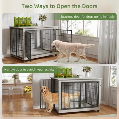 Show full view: Yafylly Wooden Furniture Style End Table Double Door Dog Crate with Wheels, X-Large, Gray slide 5 of 7