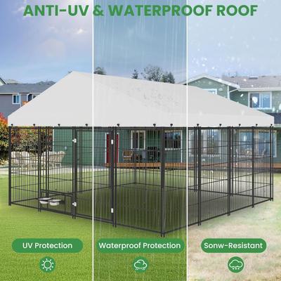 Show full view: Yafylly Outdoor Roof Cover Animal Hutch Metal Coop Fence Dog Kennels with 2 Feeders & Double Lock, Black, Large slide 5 of 8