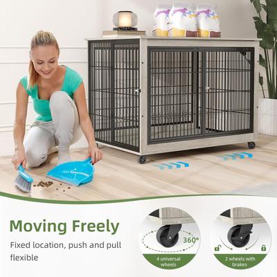 Show full view: Yafylly Wooden Furniture Style End Table Double Door Dog Crate with Wheels, X-Large, Gray slide 4 of 7