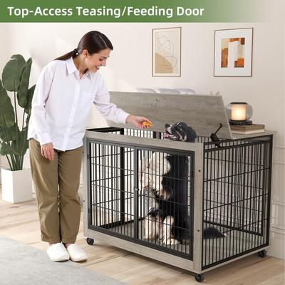 Show full view: Yafylly Wooden Furniture Style End Table Double Door Dog Crate with Wheels, X-Large, Gray slide 3 of 7